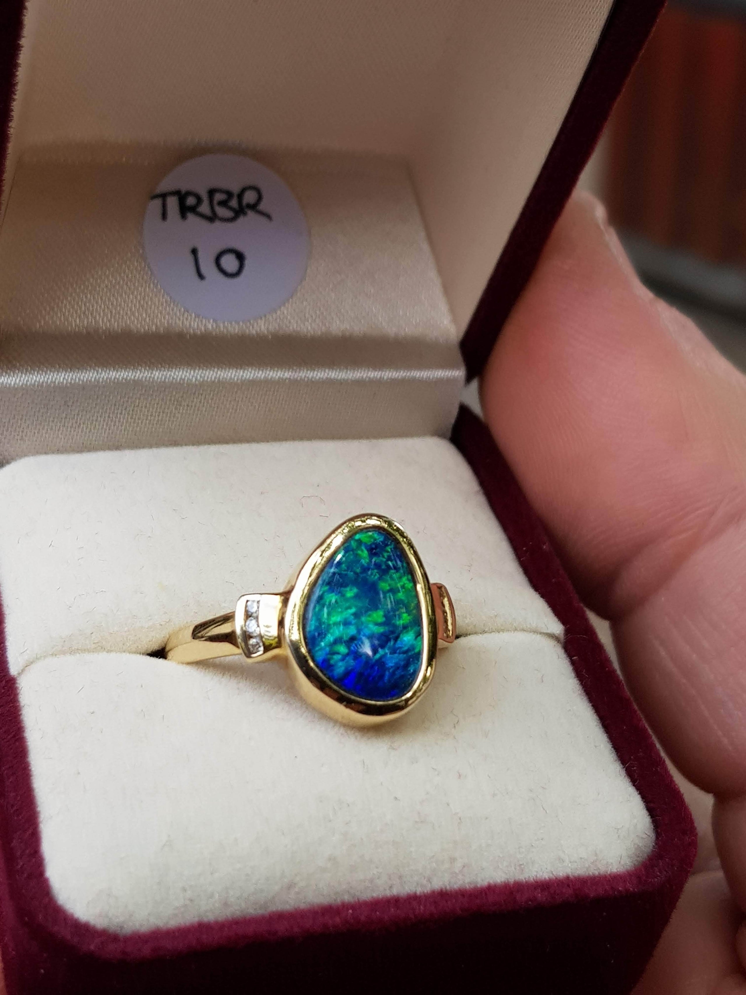 Black Boulder Opal Doublet Ring 14ct Gold with 6 Diamonds
